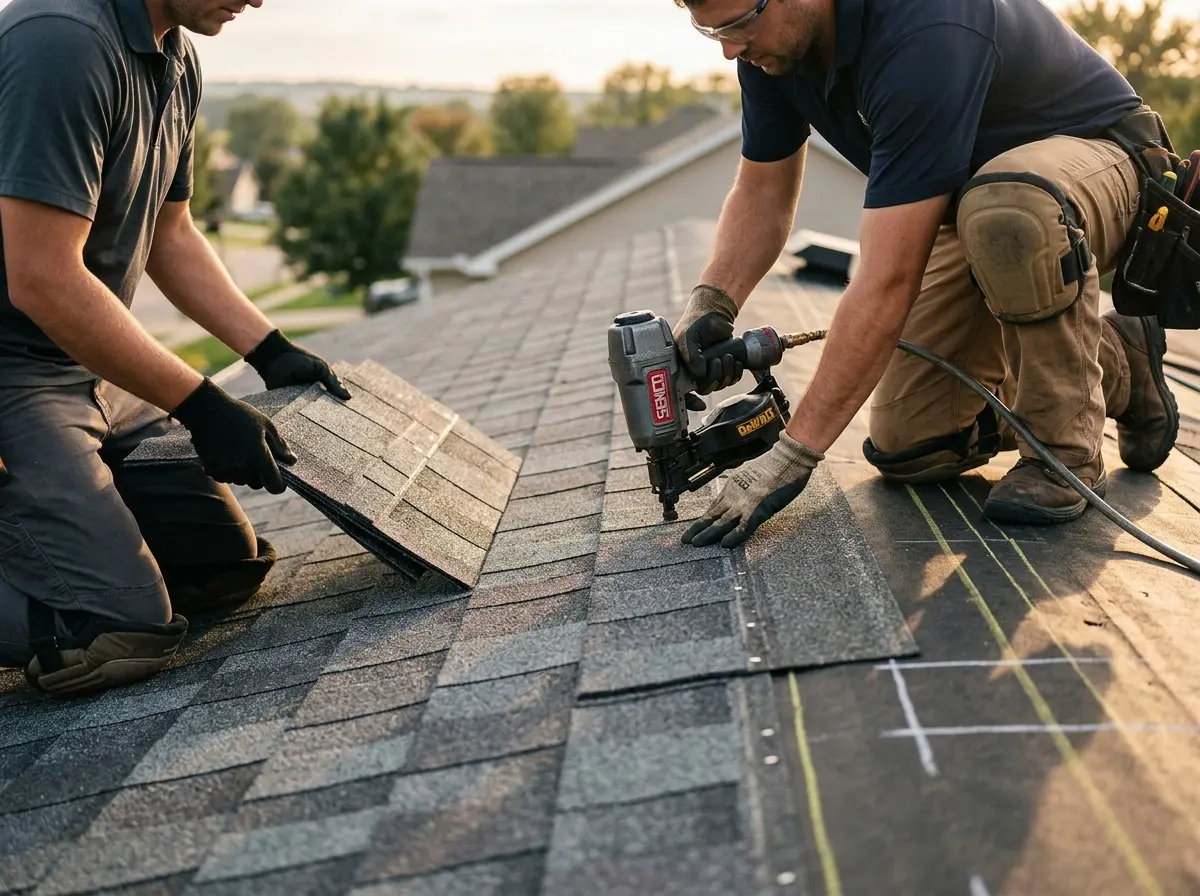 Professional roofer working on a residential roof in De Soto